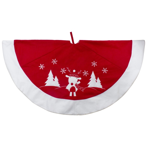 48" Red and White Winter Reindeer Embroidered Christmas Tree Skirt