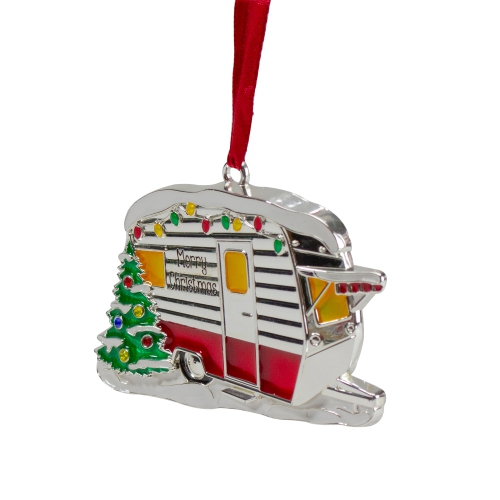 3.5" Silver Plated Camper with European Crystals Christmas Ornament
