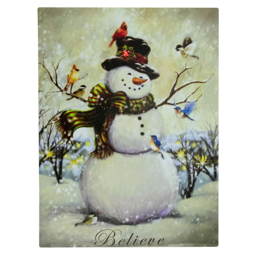 Image 1 of 5.. LED Lighted Snowman and Bird Friends Christmas Canvas Wall Art 15.75" x 11.75"