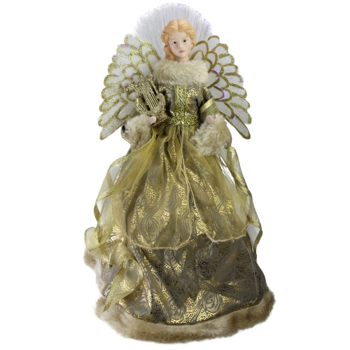 Image 1 of 3.. 16" Gold and Brown Lighted Angel in Gown with Harp Christmas Tree Topper