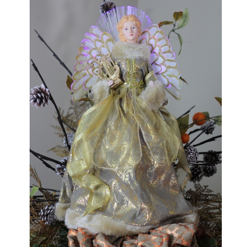16" Gold and Brown Lighted Angel in Gown with Harp Christmas Tree Topper