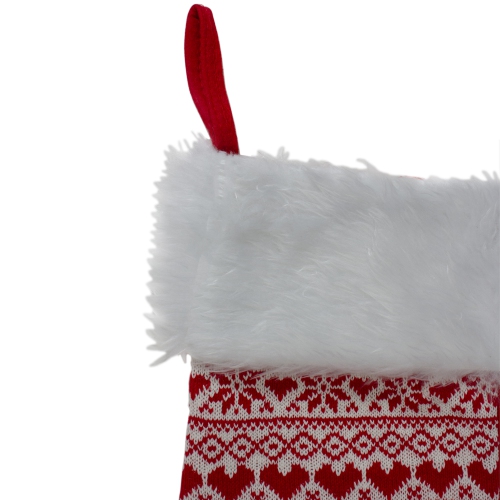 19" Red and White Hearts With Snowflakes Knit Christmas Stocking Faux Fur Cuff