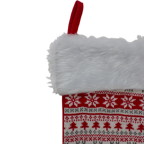 19" Red and White Tree, Deer and Snowflake Knit Christmas Stocking with Faux Fur Cuff