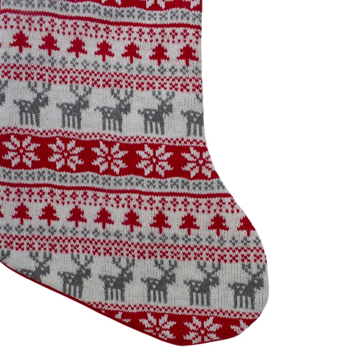 19" Red and White Tree, Deer and Snowflake Knit Christmas Stocking with Faux Fur Cuff
