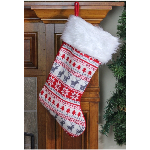 19" Red and White Tree, Deer and Snowflake Knit Christmas Stocking with Faux Fur Cuff