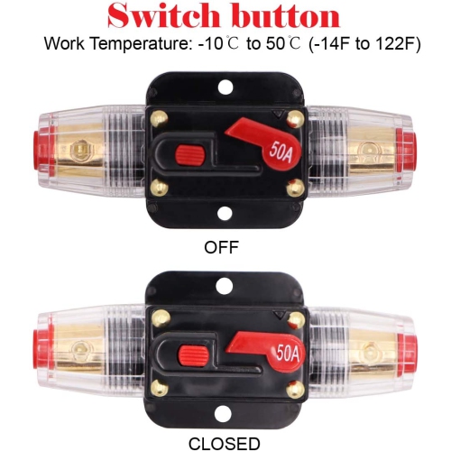 50AMP 50A DC 12V-24V Car Stereo Audio Circuit Breaker with Manual Reset Inline Fuse Holder and Battery Cable Ends