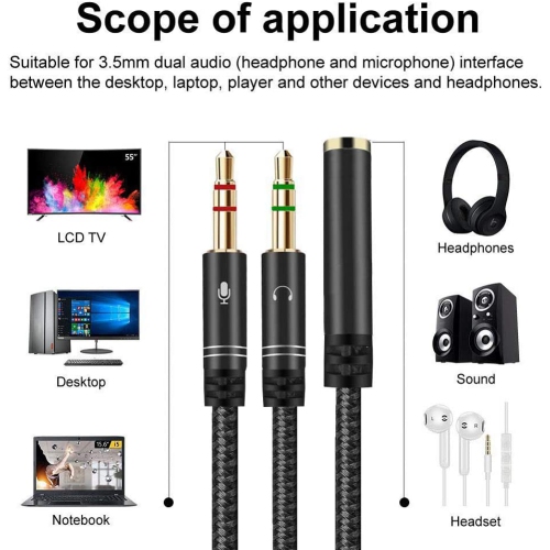 Headphone 3.5mm Splitter Mic Cable for Computer, Headset 3.5mm Female to 2 Dual Male Microphone Audio Stereo