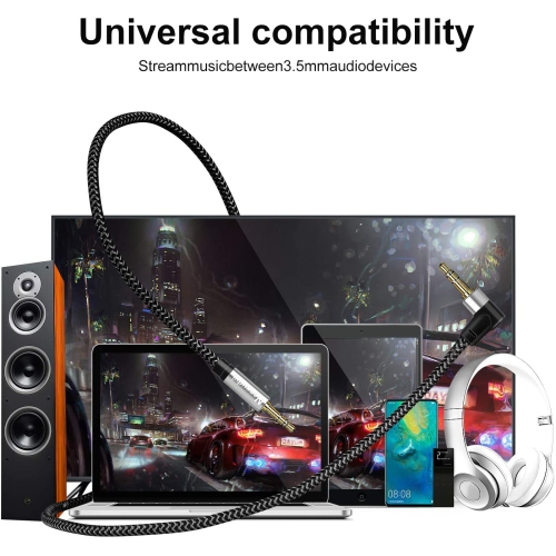 90 Degree 3.5mm Stereo Audio Cable 10ft, Aux 3.5mm Male to Male Cable Right Angle AUX Cord Compatible