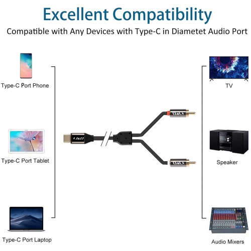 Câble audio USB C vers RCA, câble répartiteur en y USB mâle de type C vers 2 connecteurs RCA mâles audio stéréo pour tablette