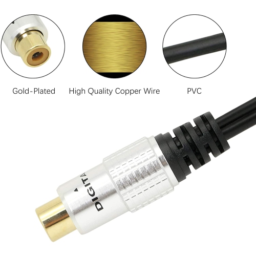 Câble audio adaptateur en y RCA, répartiteur coaxial numérique RCA femelle en alliage d’aluminium de qualité supérieure à 2 connecteurs RCA mâles