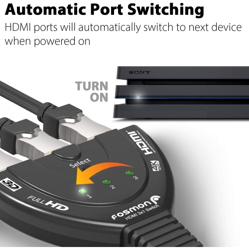 3-Port HDMI Switch 4K, 3x1 Switcher Support Ultra HD 3D HDR Full HD 1080P HDCP, HDMI