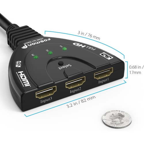 3-Port HDMI Switch 4K, 3x1 Switcher Support Ultra HD 3D HDR Full HD 1080P HDCP, HDMI