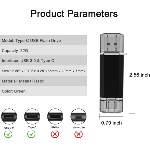 Clé USB-C USB 3.0 de 32 Go clé USB 3.0 2-en-1 + clé USB de type C haute vitesse jusqu’à 90 Mo/s