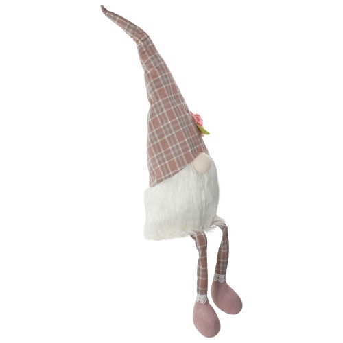 29" Pink and White Plaid Spring Gnome Table Top Figure with Dangling Legs