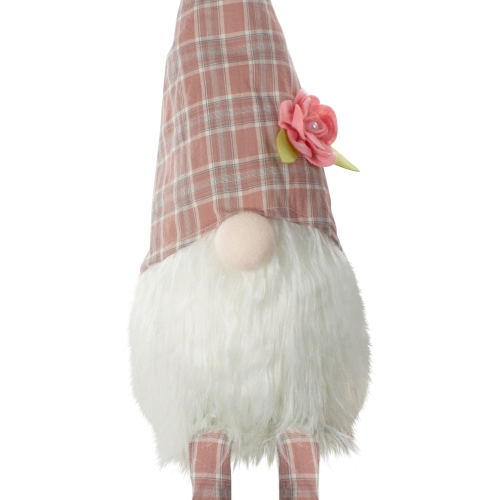 29" Pink and White Plaid Spring Gnome Table Top Figure with Dangling Legs