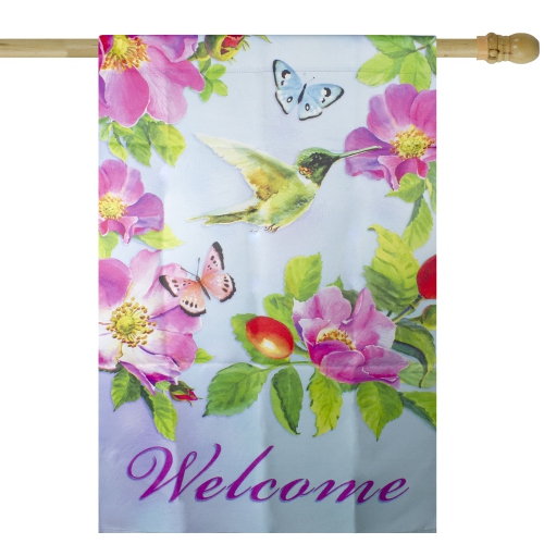 Image 1 of 6.. Welcome Hummingbird Floral Outdoor House Flag 28" x 40"