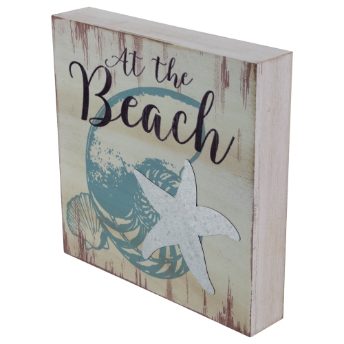 Seashells and Starfish "At the Beach" Coastal Wall Plaque 8" x 8"
