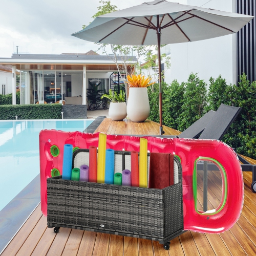 Outsunny Rolling Pool Storage Rattan Patio Furniture Outdoor Storage Wicker Organizer for Floats, Pool Noodles, Paddles, Balls, Towels, Accessories