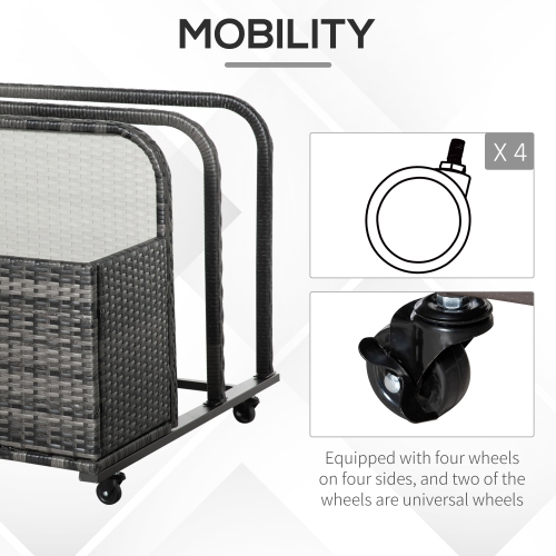 Outsunny Rolling Pool Storage Rattan Patio Furniture Outdoor Storage Wicker Organizer for Floats, Pool Noodles, Paddles, Balls, Towels, Accessories