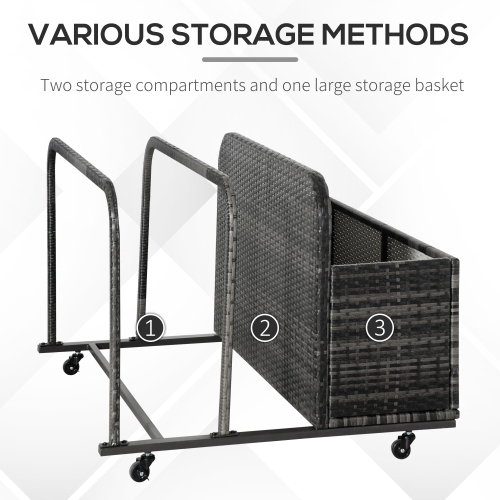 Outsunny Rolling Pool Storage Rattan Patio Furniture Outdoor Storage Wicker Organizer for Floats, Pool Noodles, Paddles, Balls, Towels, Accessories