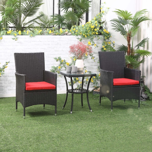 Outsunny 3 Pieces Wicker Patio Furniture Set, Rattan Bistro Set with Glass Top Coffee Table and Cushions, Outdoor Conversation Set for Garden, Porch,
