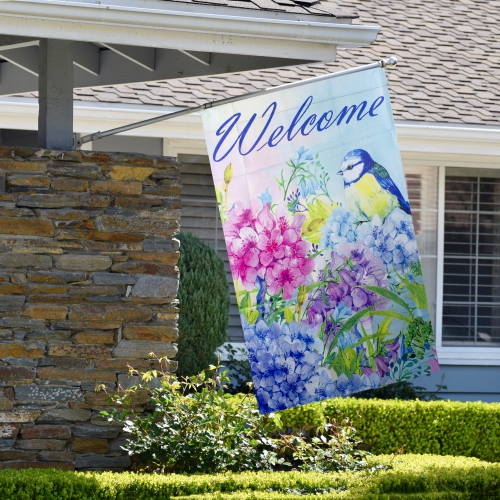 Blue and Purple Welcome Bird Outdoor House Flag 28" x 40"