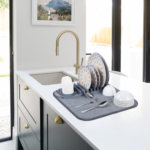 Kitchen Microfiber Dish Drying Mat, Folding Counter Dish Drain Pad with Removable Rack
