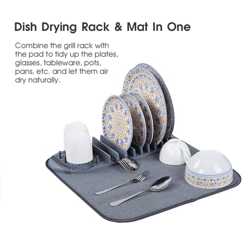 Kitchen Microfiber Dish Drying Mat, Folding Counter Dish Drain Pad with Removable Rack