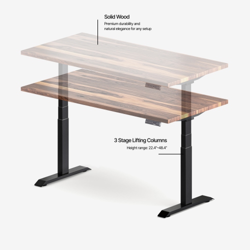burotic Solid Wood Sit-Stand Desk – Electric Height Adjustable with Dual Motor – Solid Walnut Top – Black Frame – 24" x 48"