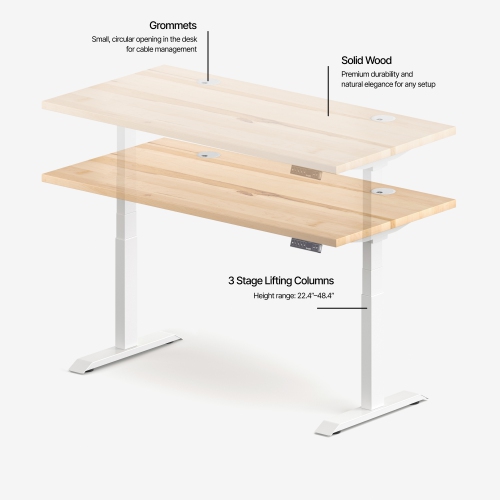 burotic Solid Wood Sit-Stand Desk – Electric Height Adjustable with Dual Motor – Solid Maple Top – White Frame – 30" x 60"