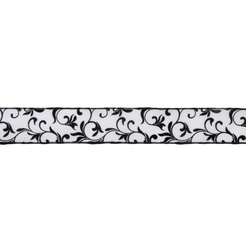 Black Grosgrain with White Floral Design Wired Craft Ribbon 2.5" x 10 Yards