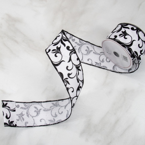 Black Grosgrain with White Floral Design Wired Craft Ribbon 2.5" x 10 Yards