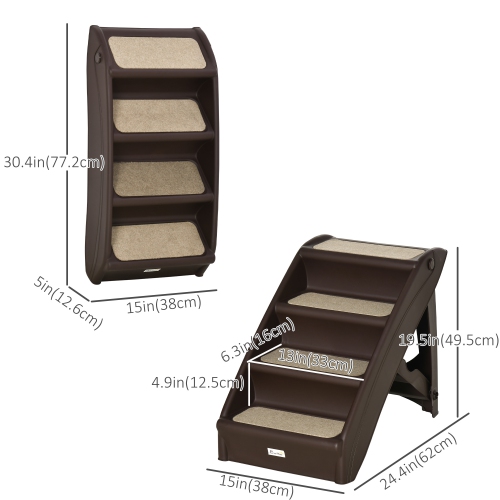 PawHut 4-Level Portable Dog Stairs, Foldable Dog Steps for Small Dogs, Lightweight Cat Steps, with Nonslip Soft Mats, for High Bed, Sofa, Dark Brown