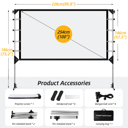 NIERBO Écran de projection avec support 100 pouces 16: 9 HD 4K Écran de cinéma extérieur portable pour intérieur Écrans de projection extérieurs