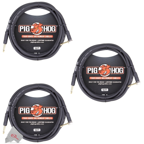 PIG HOG  Tour Grade 10Ft Instrument Cable 1/4 Inch to 1/4 Inch Right Angle to Straight Connectors - Ph10R - 3 Units