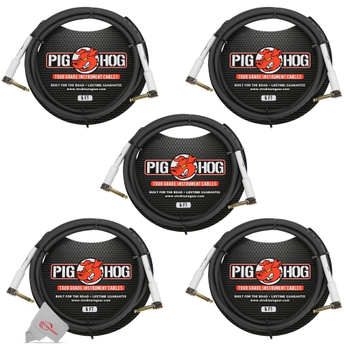 PIG HOG  Tour Grade 6 Ft Instrument Cable 1/4 Inch to 1/4 Inch Right Angle Connectors - Ph6Rr - 5 Units