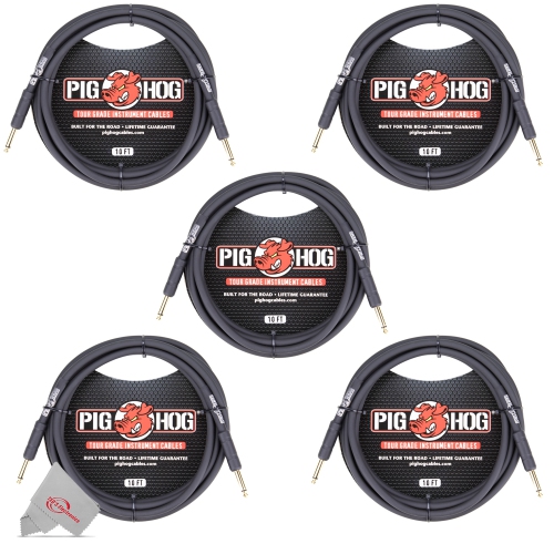 PIG HOG  Tour Grade 10Ft Instrument Cable 1/4 Inch to 1/4 Inch Straight Connectors - Ph10 - 5 Units In Black