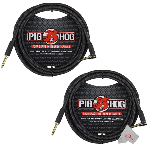 PIG HOG  Woven Tour Grade Instrument Cable 1/4" to 1/4" Right Angle 10Ft, PCh10Bkr - 2 Units In Black