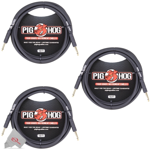 PIG HOG  Tour Grade 10Ft Instrument Cable 1/4 Inch to 1/4 Inch Straight Connectors - Ph10 - 3 Units In Black