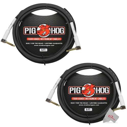 PIG HOG  Tour Grade 6 Ft Instrument Cable 1/4 Inch to 1/4 Inch Right Angle Connectors - Ph6Rr - 2 Units