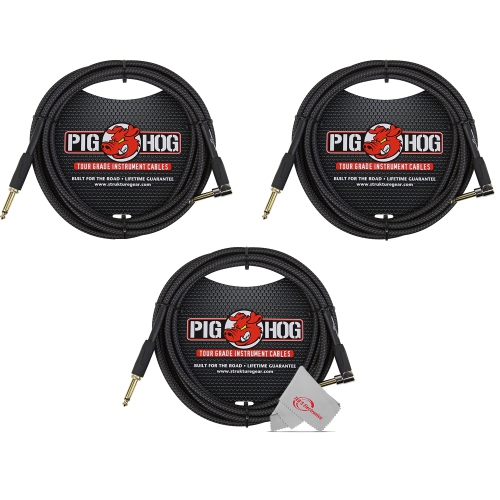 PIG HOG  Woven Tour Grade Instrument Cable 1/4" to 1/4" Right Angle 10Ft, PCh10Bkr - 3 Units In Black