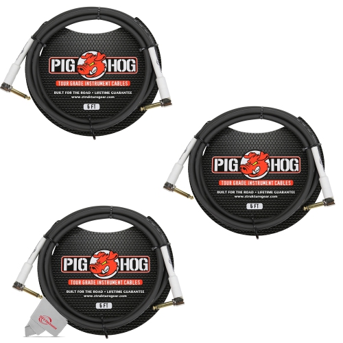 PIG HOG  Tour Grade 6 Ft Instrument Cable 1/4 Inch to 1/4 Inch Right Angle Connectors - Ph6Rr - 3 Units
