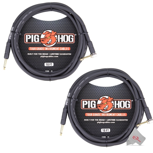 PIG HOG  Tour Grade 10Ft Instrument Cable 1/4 Inch to 1/4 Inch Right Angle to Straight Connectors - Ph10R - 2 Units