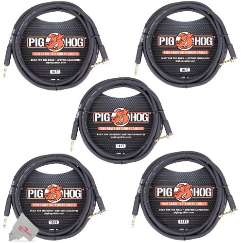PIG HOG  Tour Grade 10Ft Instrument Cable 1/4 Inch to 1/4 Inch Right Angle to Straight Connectors - Ph10R - 5 Units