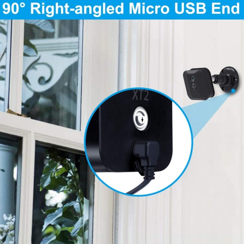 30 FT Blink XT XT2 Micro USB Cable with Charger Adapter, Charger Brick and Right Angled 90 Degree Micro USB End Charging Cord, Outdoor Waterproof