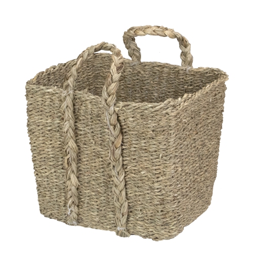 Set of 4 Rustic Beige Square Wicker Table and Floor Baskets