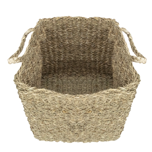 Set of 4 Rustic Beige Square Wicker Table and Floor Baskets
