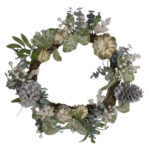 Neutral Colored Pumpkin and Pine Cones Fall Harvest Wreath - 18-Inch, Unlit