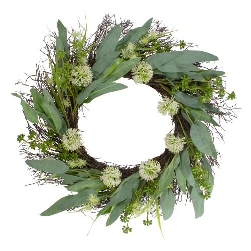Olive Leaf and Floral Twig Spring Wreath, Green and White 23"