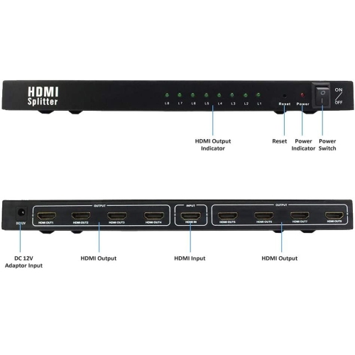 8 HDMI Splitter 1 to 8 Out Audio Video HDMI 1.4V Splitter, 4k 8 Port HDMI Splitter Support 4K/2K 30Hz 1080P 3D Compatible with Xbox PS3 PS4 PS5